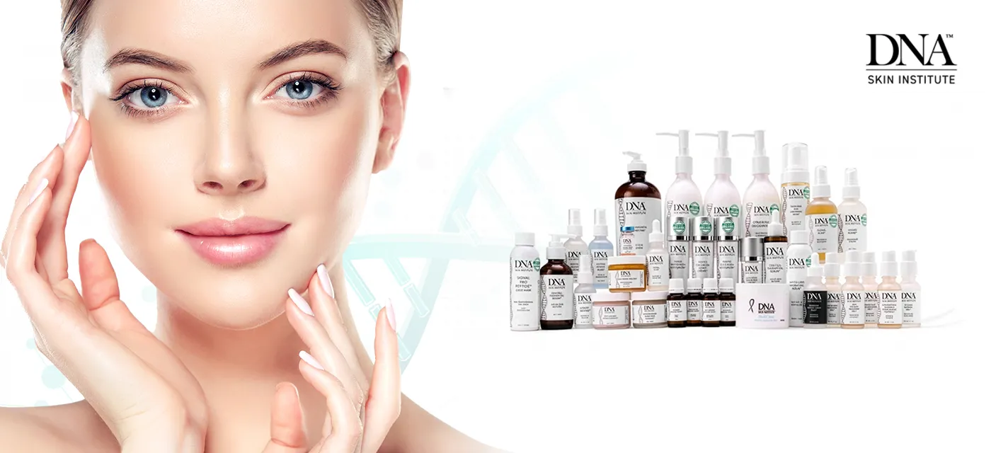 DNA Skin Institute product range beside a clear complexion